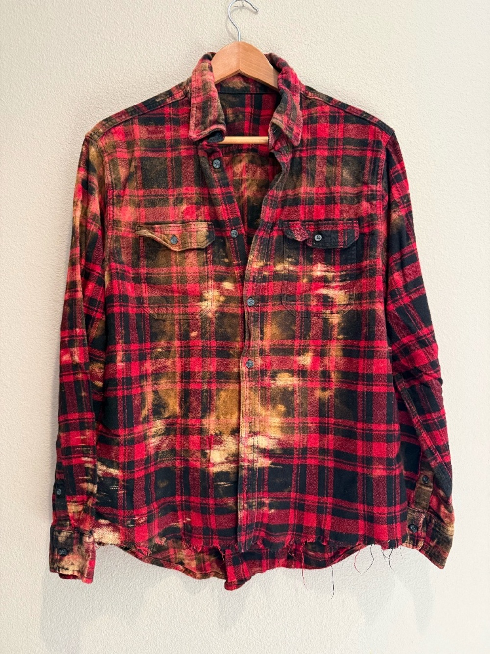 Upcycled Red Black Plaid Flannel Shirt Women’s Size 10 Distressed Raw Hem